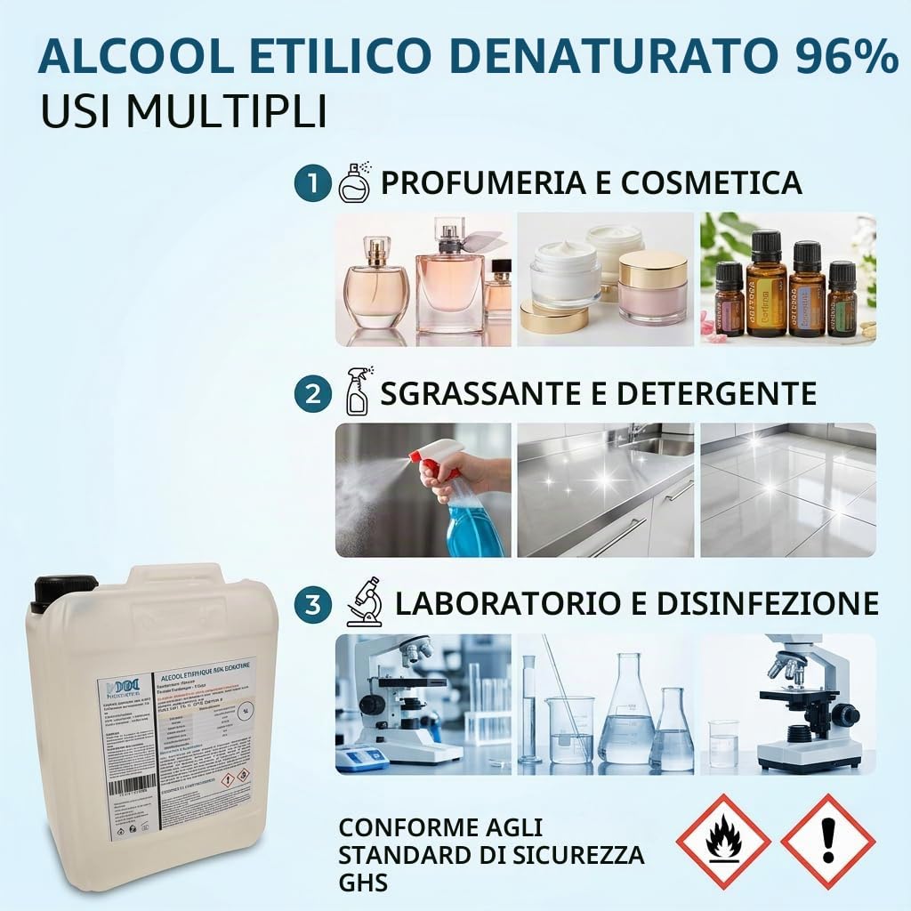 5L di alcool etilico denaturato 96% per profumo, pulizia e sgrassaggio, lozioni, profumi