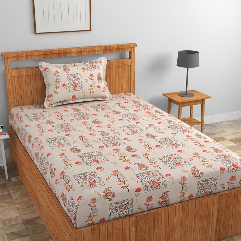 Image of NEW LEAF Pure Cotton 220 tc Flat Single Bedsheets for Summer Breathable | Wrinklefree | Super Soft (Size-60 X 90 Inch) with 1 Pillow Covers (Size-17 X 27 Inches, Floral, Almond