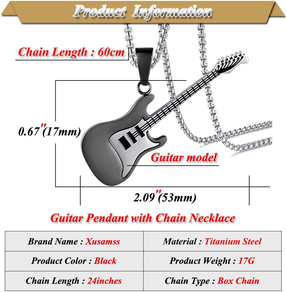 Xusamss Punk Stainless Steel Guitar Music Pendant Necklace,24inches Link Chain - Image 2