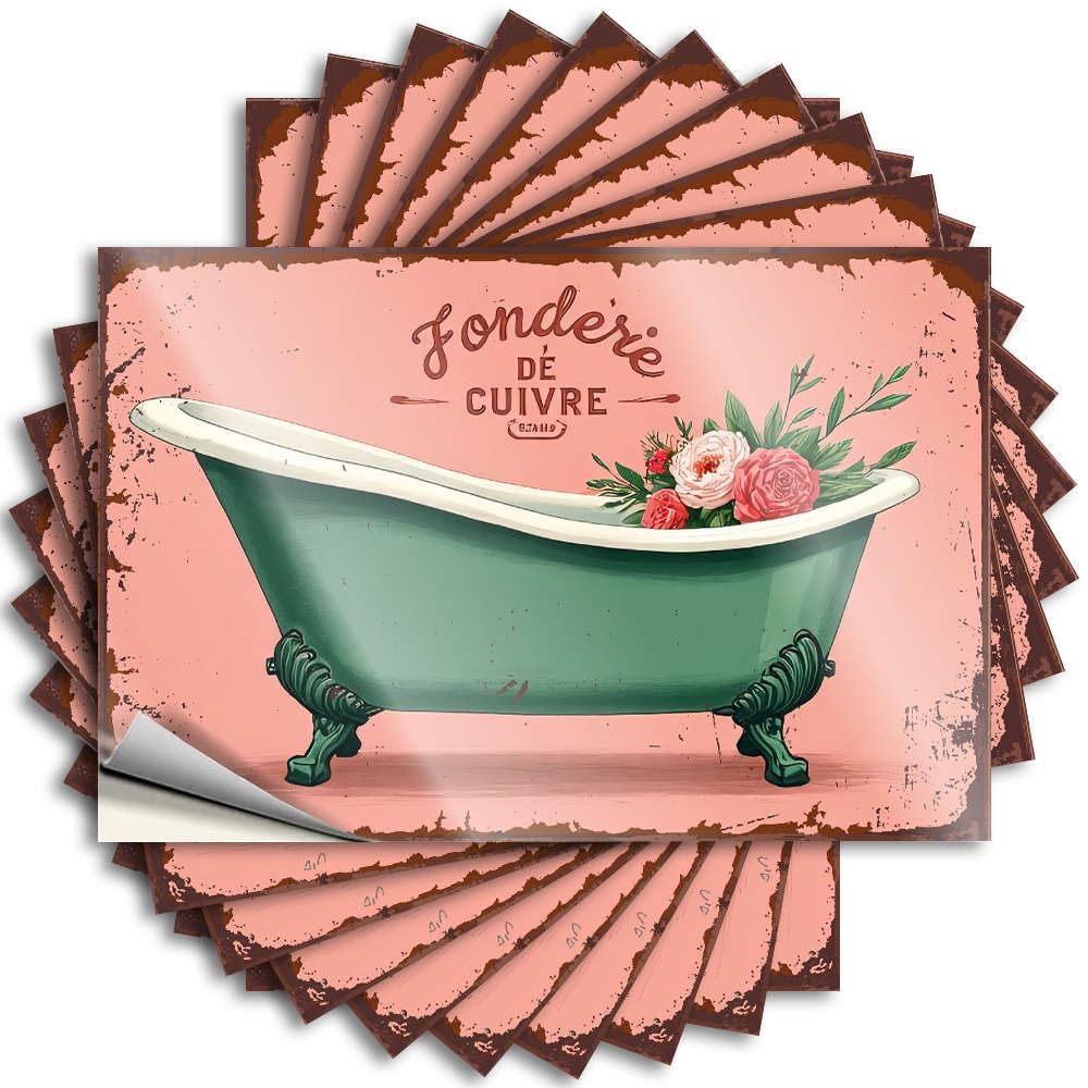 Fzfn Colour Restroom Accessories Decals - Tiny Teen Hard Vintage Bathtub With Flowers On Pink Background(12X18cm)