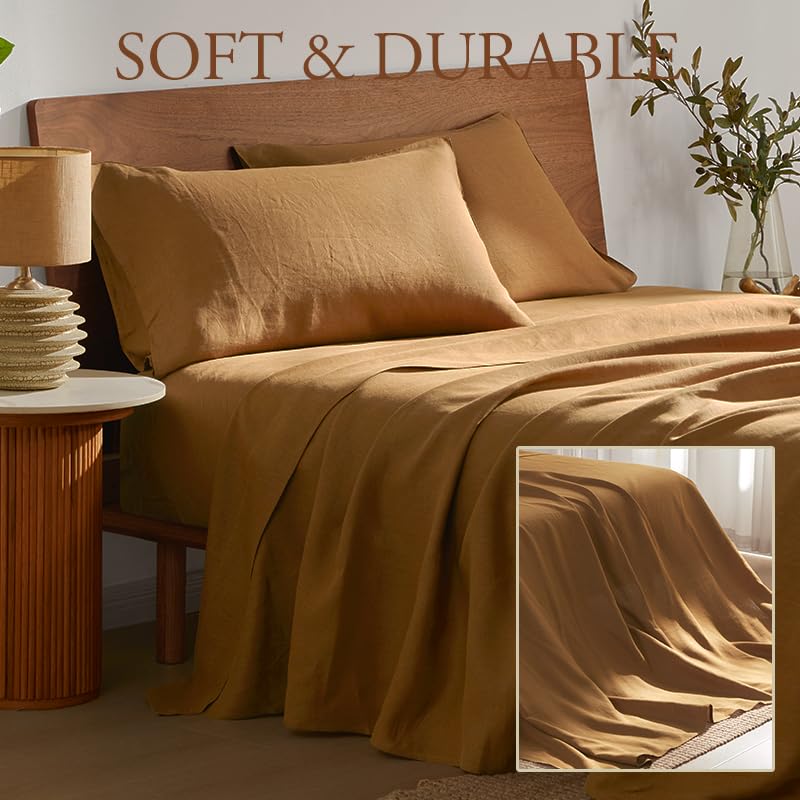 DAPU Pure Linen Sheets Set, 100% French Linen from Normandy, Breathable and Durable for Hot Sleepers, 4 Pcs Set - 1 Flat Sheet, 1 Fitted Sheet, 2 Pillowcase (Earthy Linen, Full)