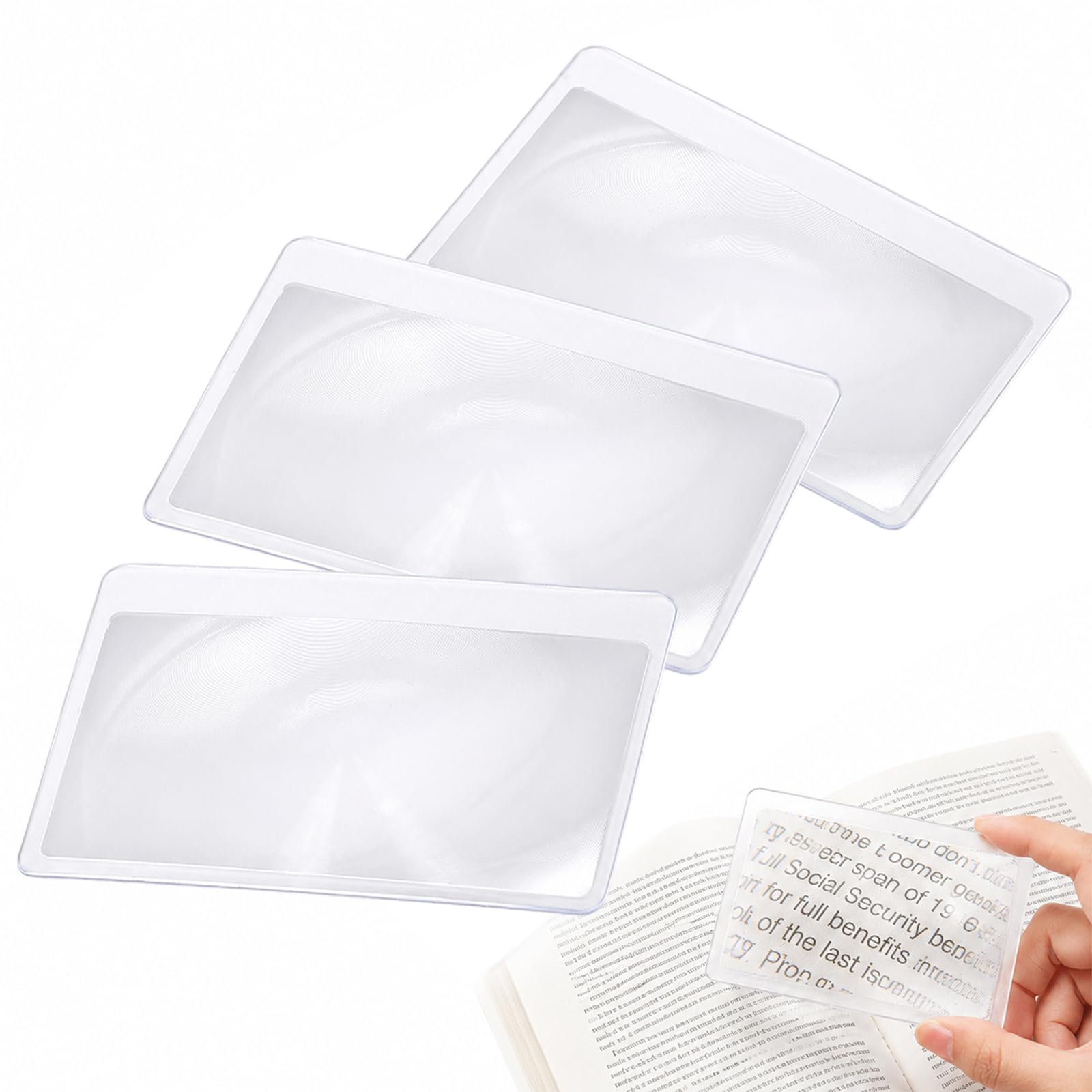 3 Pieces Credit Card Size Magnifier, Fresnel Magnifying Lens Reading Pocket Magnifier Card Loupe for Reading Maps Menus Labels, 3X Transparent Plastic Magnifying Card for Poor Eyesight