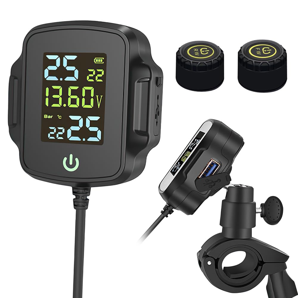 Motorcycle TPMS Sistema di Monitoraggio Della Pressione dei Pneumatici,Monitoraggio Della Temperatura e della Tensione,con 2 Sensori Esterni Display LCD Sistema di Allarme