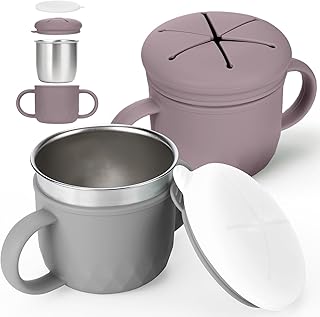 Mity rain 2-Pack Stainless Steel Snack Containers, 4-in-1 Spill proof Snack Cups With Silicone Lid and Handle, Dishwasher Safe Travel Snack Containers for Kids and Infants (Purple + Gray)