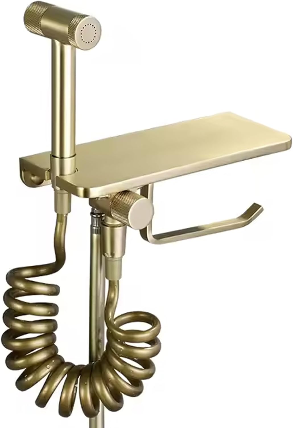 Handheld Bidet Sprayer for Toilet, Solid Brass Bidet Sprayer Kit, Multifunctional Toilet Roll Paper Holder with Storage Rack, Single Cold Bathroom Bidet Attachment Set,Brushed Gold