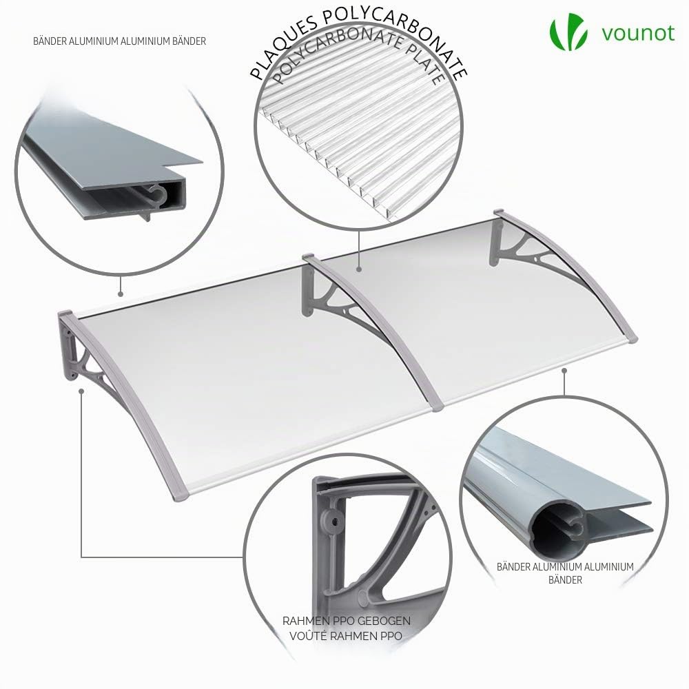 VOUNOT Vordach für Haustür 200 x 80 cm, Überdachung Haustür aus Aluminium und Polycarbonat, Transparentes Pultbogenvordach, Pultvordach, Grau