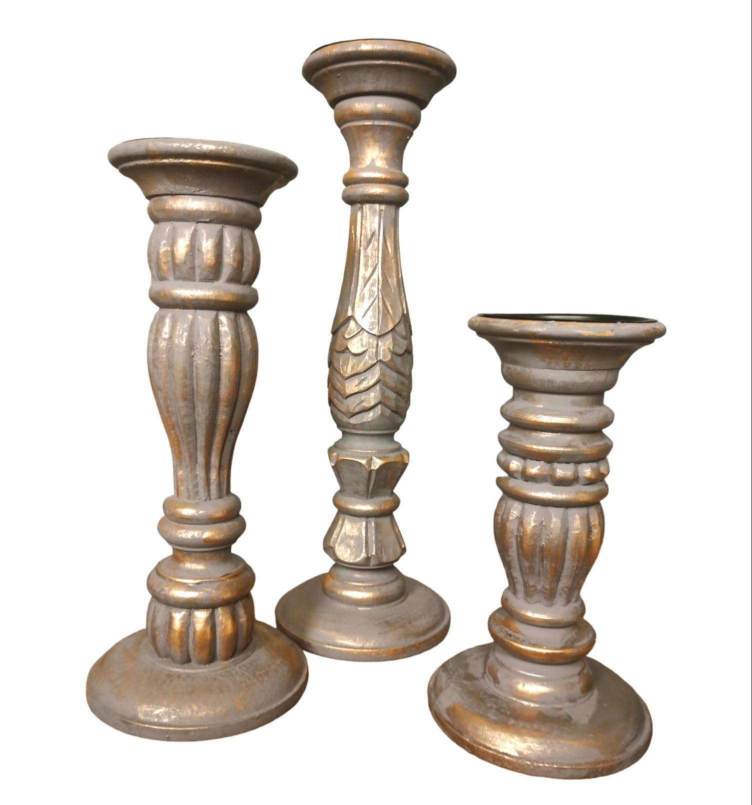 Design Dynamics Handcarved Wooden Candle Stand Set of 3 (9", 12", 15") | Antique Grey Finish | Solid Wood Pillar Candle Holders for Home Décor & Gifting