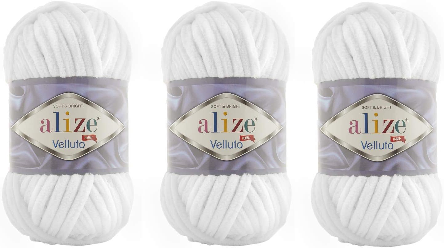 Alize Velluto 100% MicroPolyester Baby Blanket Yarn Lot of 3 skn 225 Yards 3x100gram, Yarn Weight: 7 Jumbo (55 White)