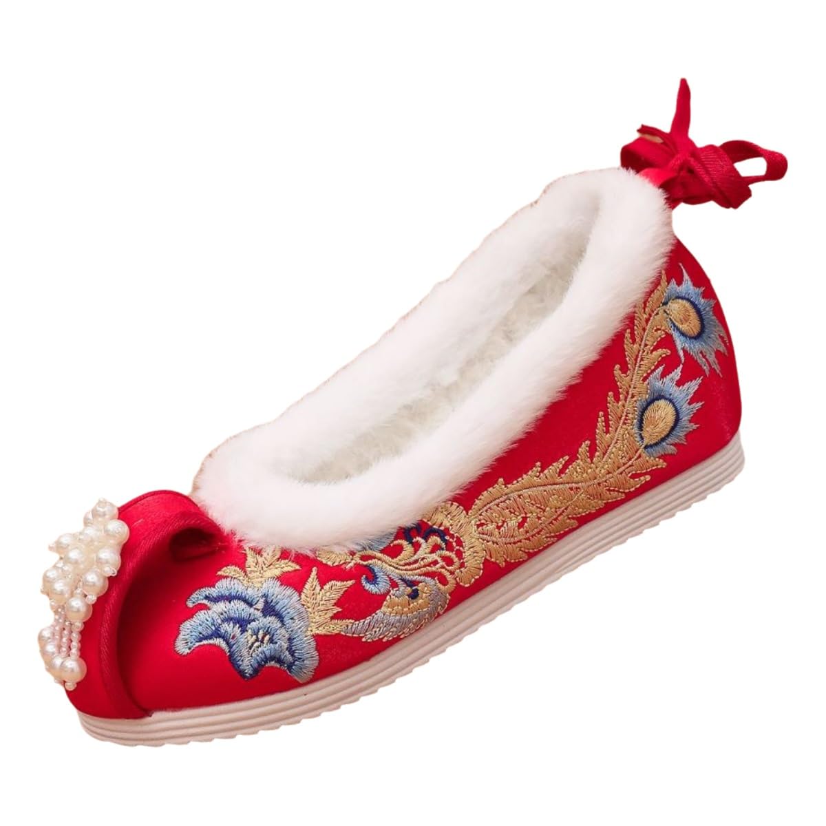 Lazutom Women Embroidered Cotton Hanfu Shoes Winter Warm Plush Lined Vintage Slip On Shoes with Tassels & Beads