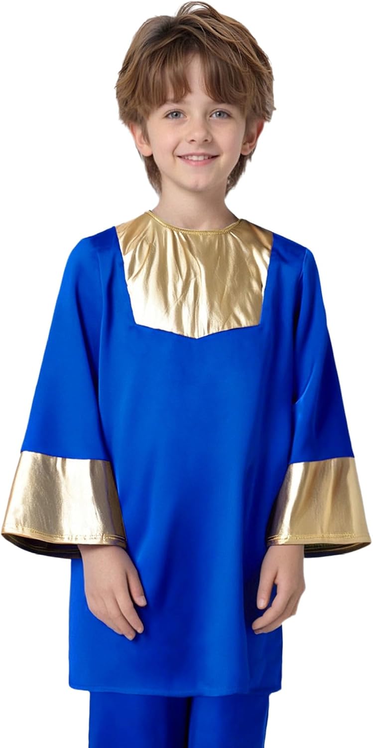 Kids Boys Metallic Gold Praise Dance Pullover Top Long Sleeve Liturgical Worship Tunic Church Choir Robe