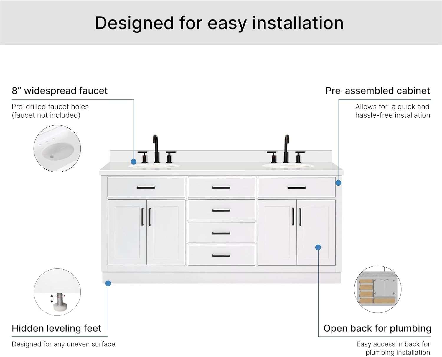 ARIEL Hepburn 72-inch Bathroom Vanity with Sink,Solid Wood, 1.5-inch Pure White Quartz Countertop & Backsplash, Double Oval Porcelain Sink, 4 Soft Closing Doors, 6 Dovetail Drawers, White