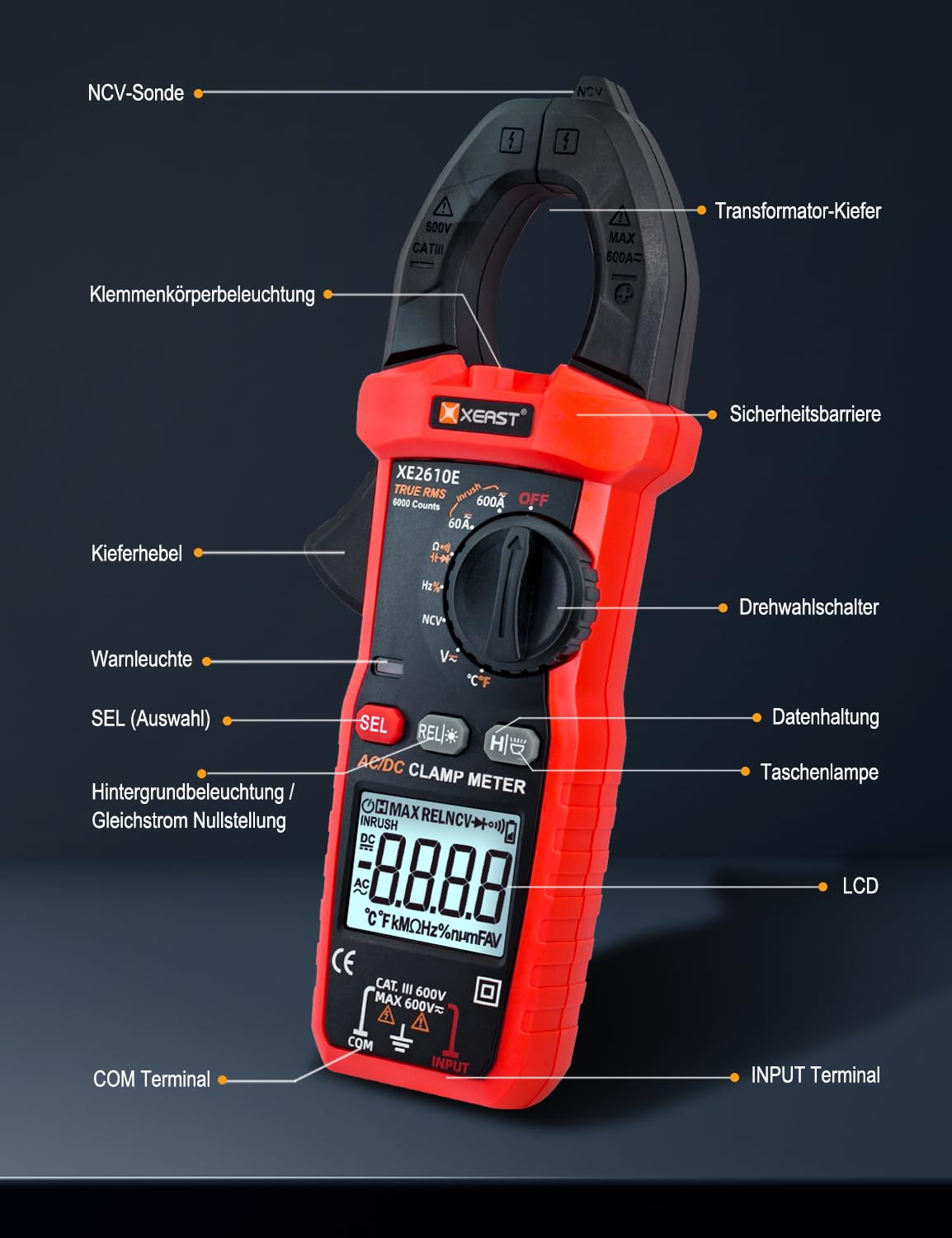Inrush Digital Zangenmessgerät, TRMS Multimeter 6000 Zählungen, Auto-Ranging, misst AC/DC Strom, Spannung, Kapazität, NCV, Frequenz, Live Wire, Widerstand, Diode, Durchgang – AC/DC Stromzange