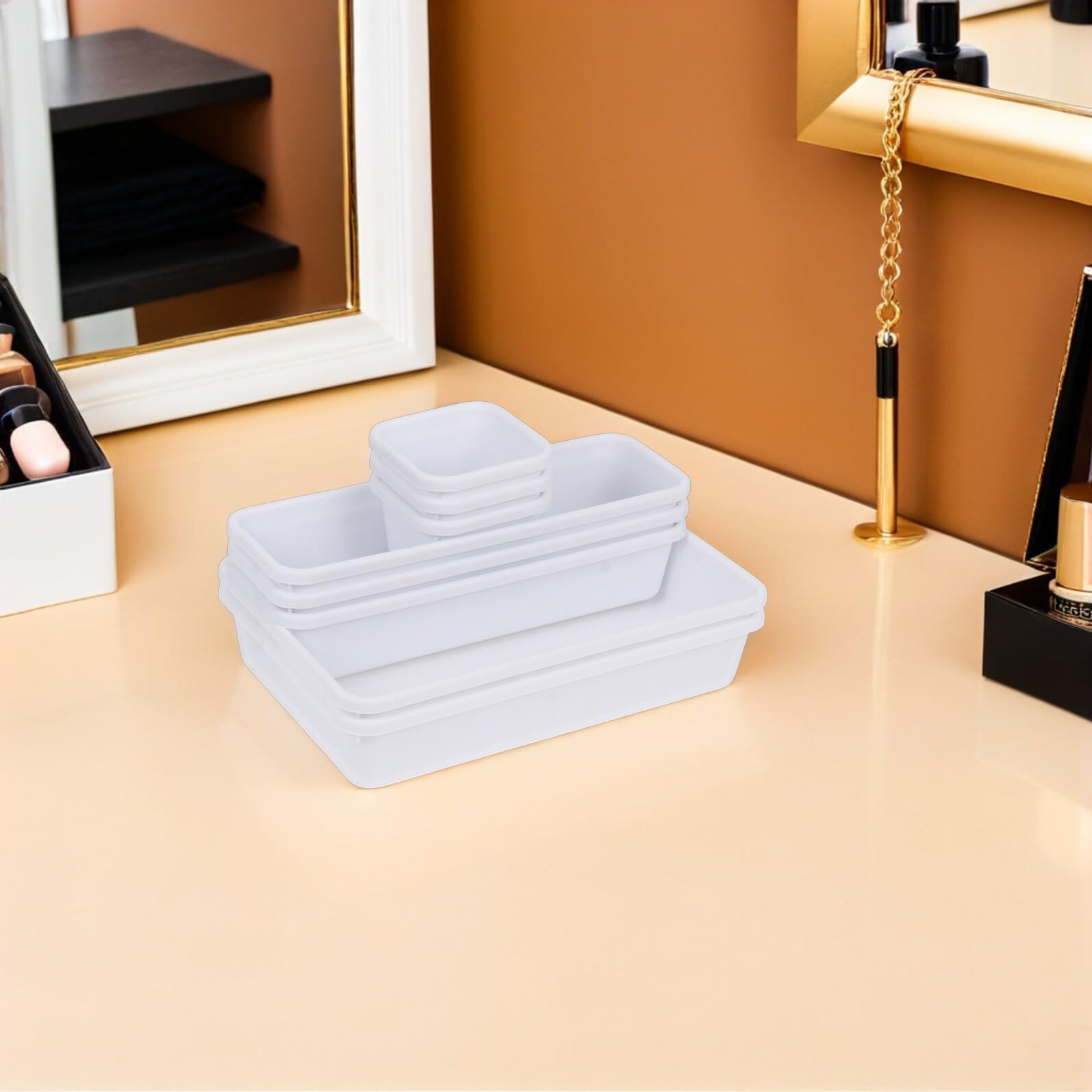 KOMBIUDA Set 16 Organizer per Cosmetici da Scrivania Cassetti Impilabili, Divisori Regolabili in Plastica Bianca 24x16x9 Cm, Scatole Portaoggetti Modulari per Bagno, Camera e