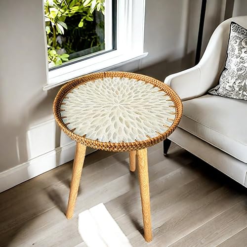 Miniatura 5 de Mesa auxiliar de ratánmesa auxiliar redonda para espacios pequeños, hojas blancas pequeñas