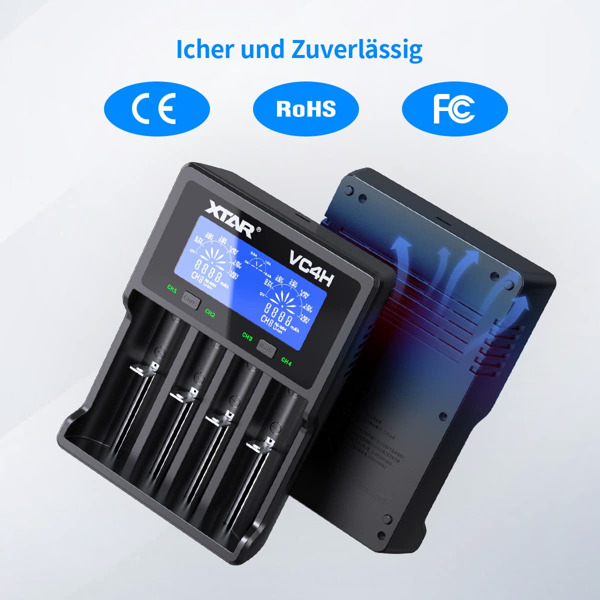 XTAR 2022 New VC4H 18650 Ladegerät 4 XTAR 4-Slot 18650 Batterieladegerät LCD-Display Universelles Ladegerät mit Typ C für Li-Ionen-Batterien 18650 22650 20700 16340 14500, AA AAA-Akkus