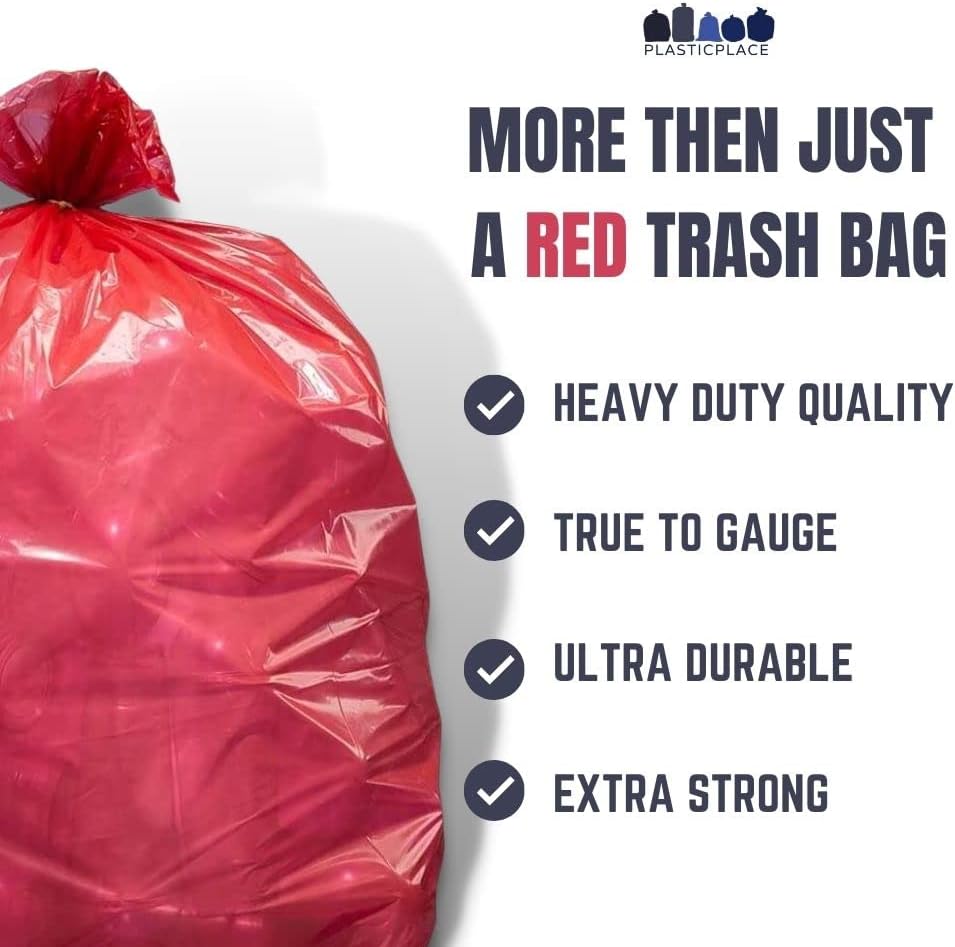 Plasticplace 55-60 Gallon Trash Bags │ 1.2 Mil │ Red Heavy Duty Garbage Can Liners │ 38” x 58” (50 Count), 250 (Pack of 1) : Industrial & Scientific
