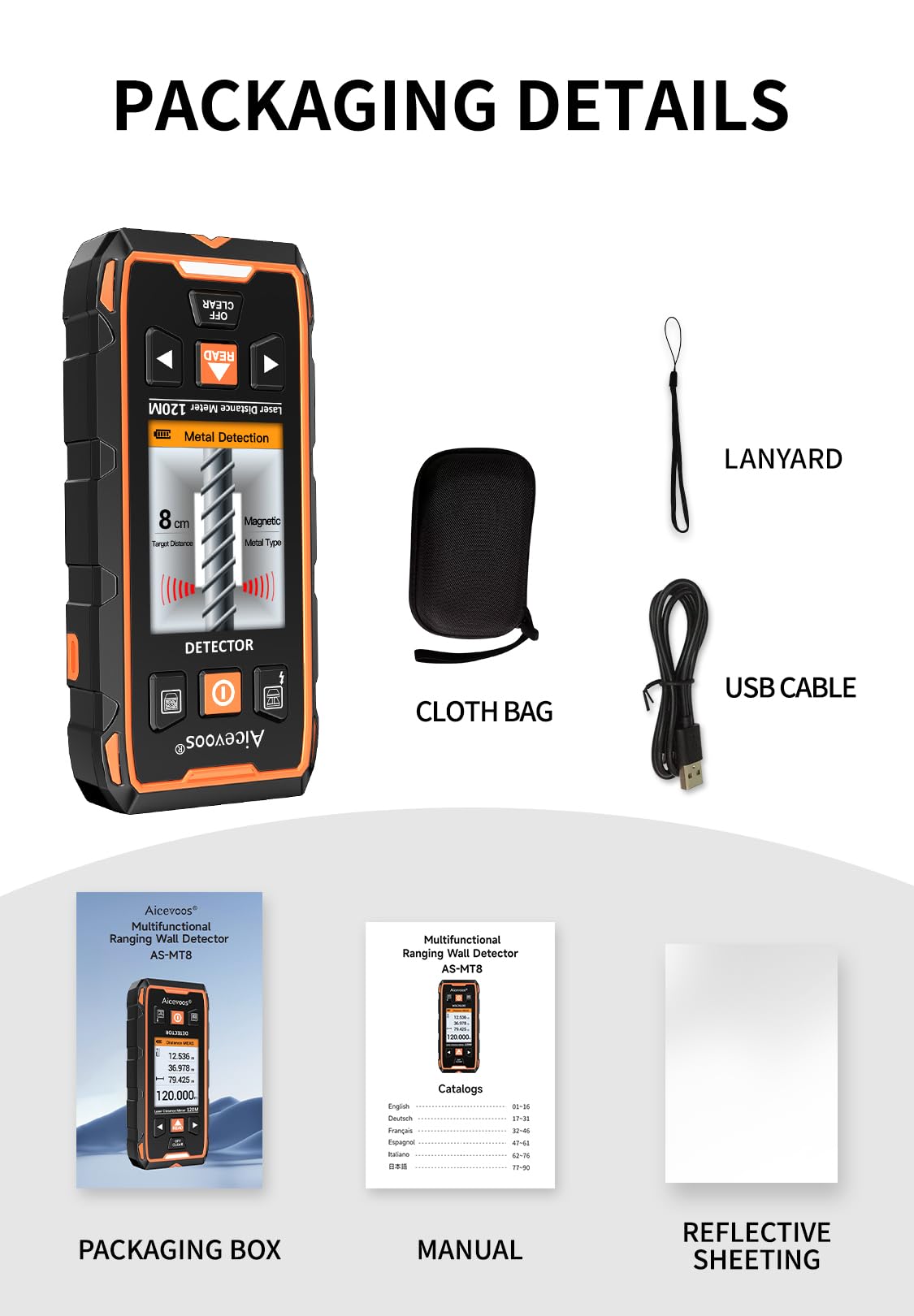 Escáner de Pared - Detector Cables Tuberias 2 en 1 y 393ft Medición Láser con Pantalla LCD para Detectar Madera, Metal, Cables en la Pared y Magnéticos o No Magnéticos