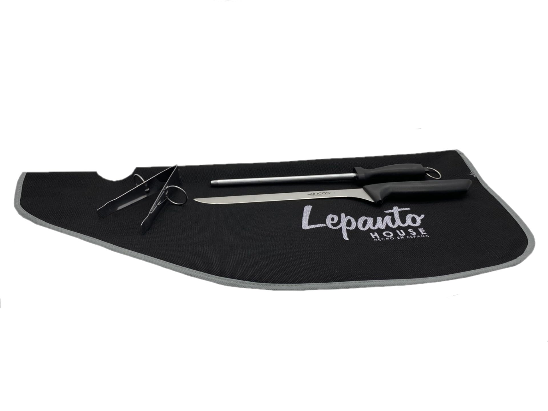 FERRETERIA LEPANTO Porta prosciutto girevole basculante, supporto per prosciutto + set di taglio con coltello per prosciutto, tronchese e copriprosciutto: (base in legno bianco)