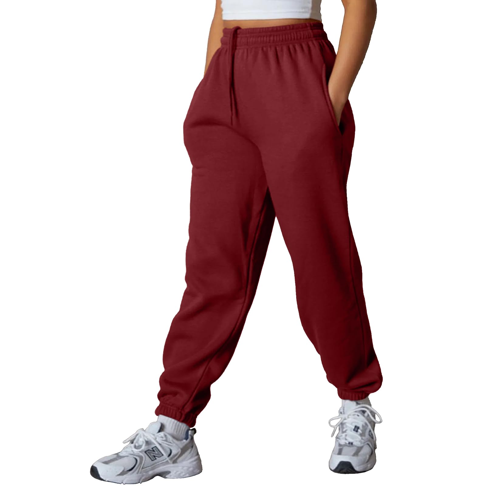 NetSetUK Women's Joggers Plain Tracksuit Jogging Bottoms with Zipper Pockets Elastic Waist Regular Fit Tapered Leg Sweatpants Cuffed Trousers Drawstring Workout Gym Sport Wine