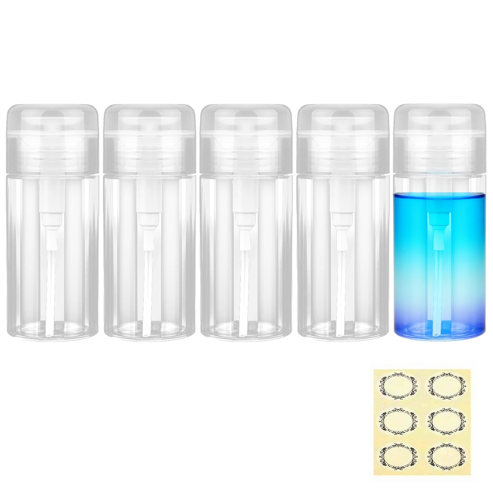 Apstaqeoo 5Pcs 120Ml Nail Polish Remover Pump Bottle Dispensers, Empty Clear Plastic Acetone Pump Dispenser, Alcohol Push Down Lockable Round Liquid Container With Labels for Makeup Remover Toner