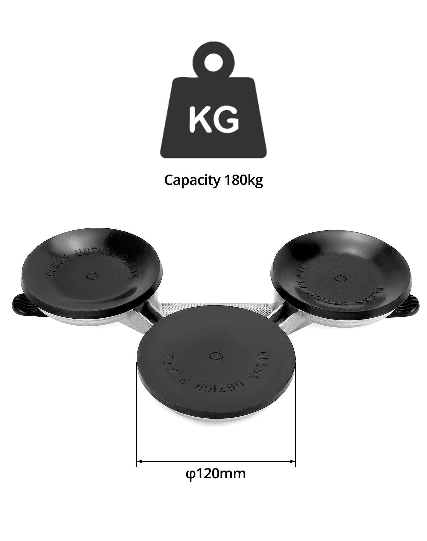 QWORK® Set di 2 Sollevatore con 3 Ventose Ø 120mm per Vetri, Piastrelle e Marmo, Maniglia in Alluminio, Capacità 180kg