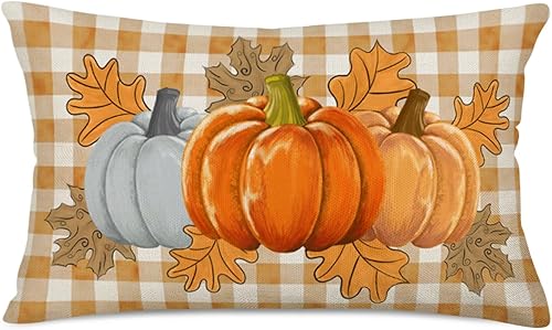Fukeen Funda de almohada de 12 x 20 pulgadas con diseño de calabaza y hojas de arce de búfalo naranja, decoración de otoño, fundas de almohada