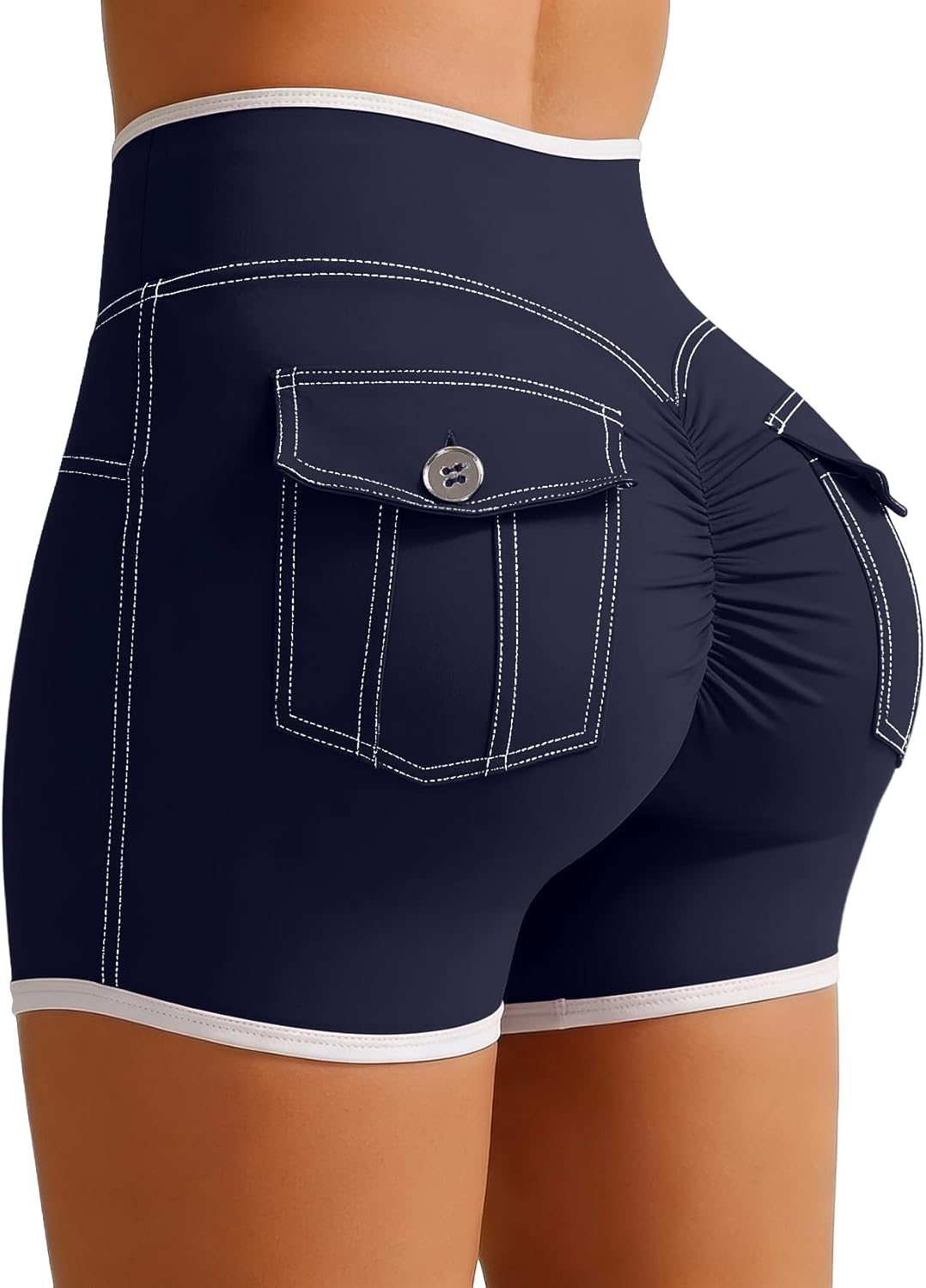 SEASUM Booty Butt Scrunch with Pockets Cargo Shorts V Waist Color & Stitching Gym Yoga Workout