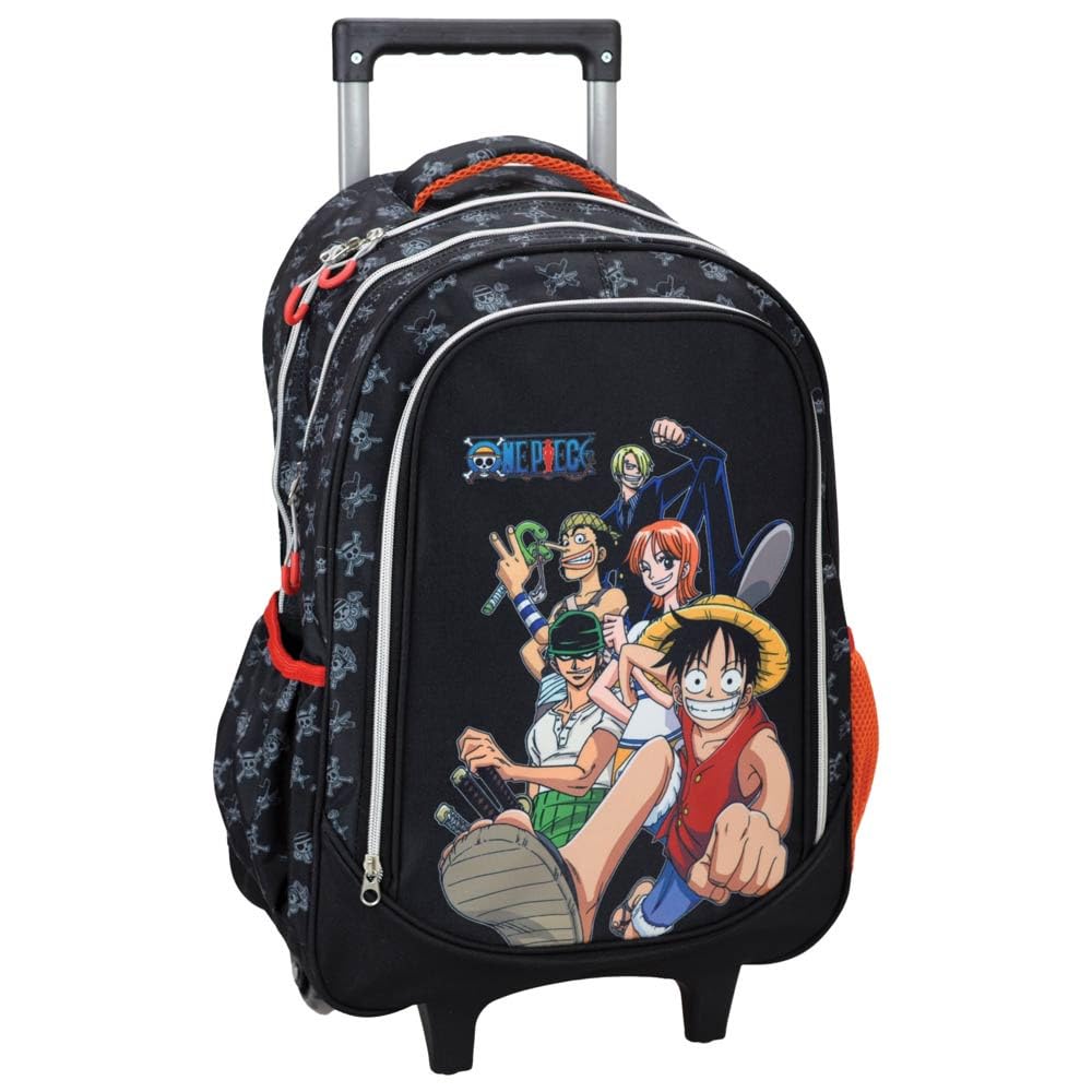 PRESTIGE & DELUXE Schulrucksack 0ne Piece Schwarz rund 3 Fächer Reißverschluss für mittlere Grundschulkinder + Schlüsselanhänger One voll und mehrfarbiger Stift