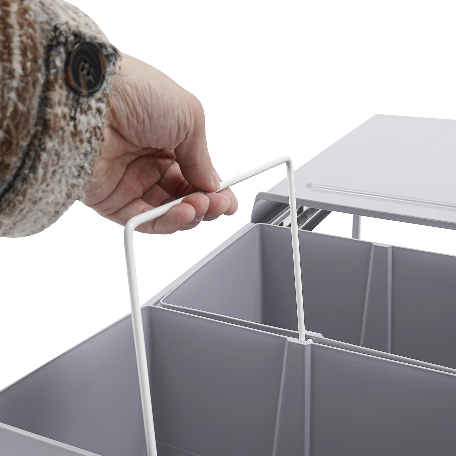 Cubo de basura para cocina, 2 compartimentos (2 x 20 L), extraíble, cubo de basura bajo el fregadero, sistema de separación de residuos para residuos y reciclaje, color gris (con hoja de