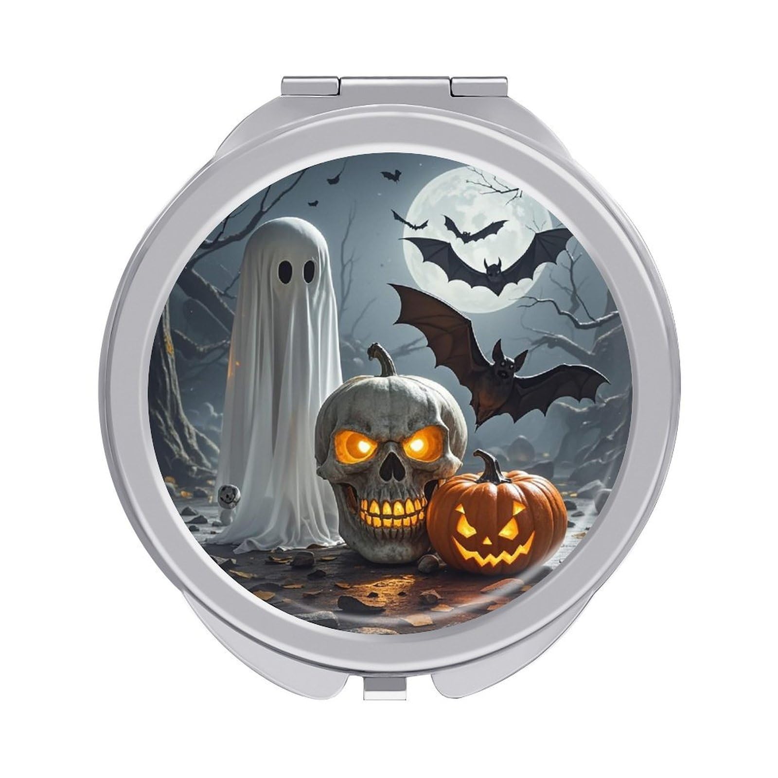 VstaDank Pumpkin Lantern Ghost Compact Mirror for Purses Round Fashion Travel Makeup Mirror 2X /1x Magnifying Double Sides Mini Mirrors Portable Pocket Mirrors for Handbag Purse Women Gift