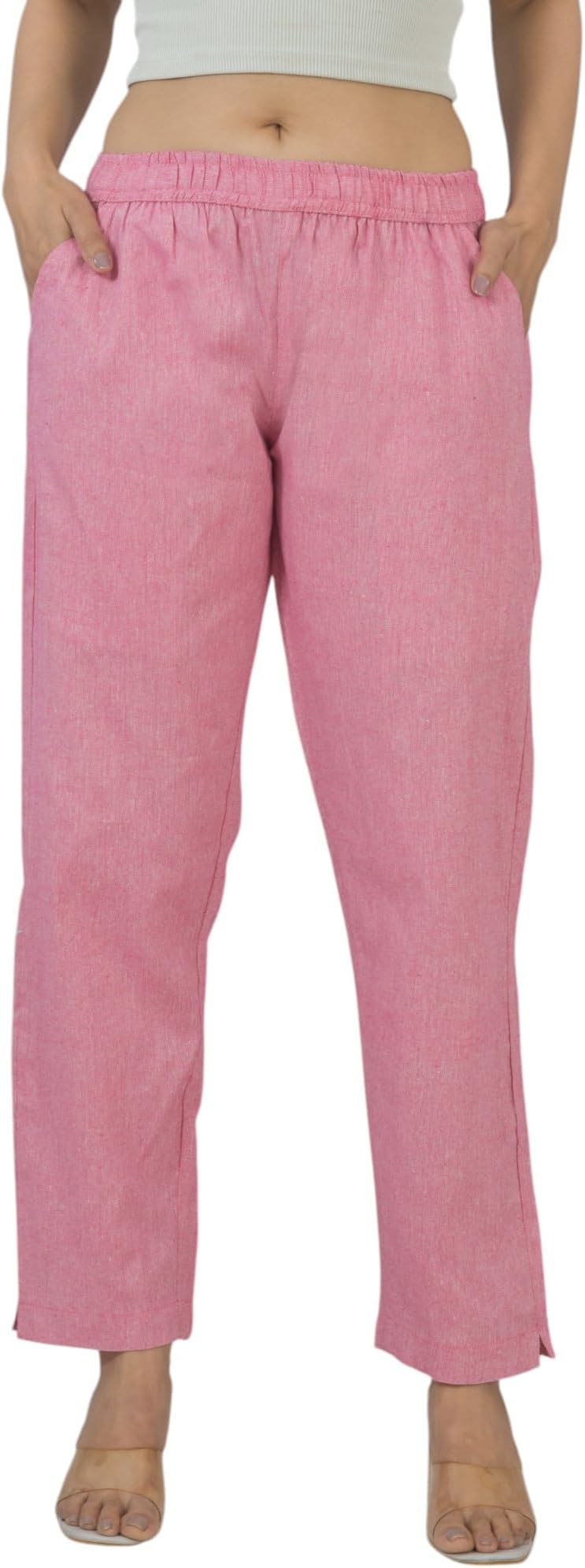 QashidaWomen's Cotton Linen Pants, Regular Fit, Fully Elasticated, 2 Side Pockets