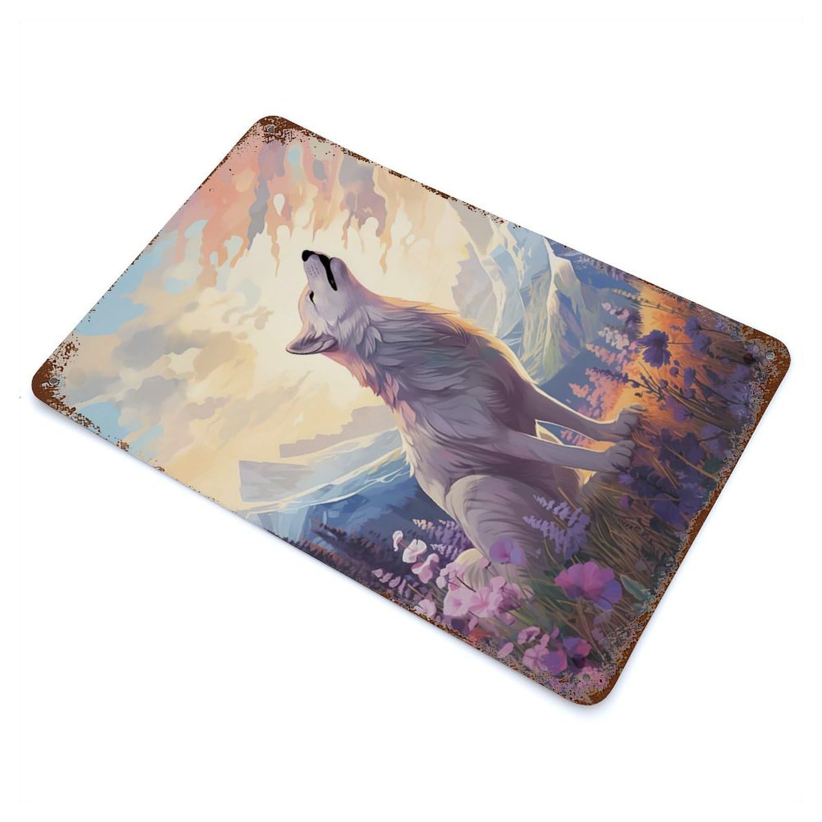 Wolf Howling at Sunset 11.8"x7.9" Vintage Rust Metal Sign, Decorative Metal Wall Art for Farmhouse, Kitchen And Entryway Decor