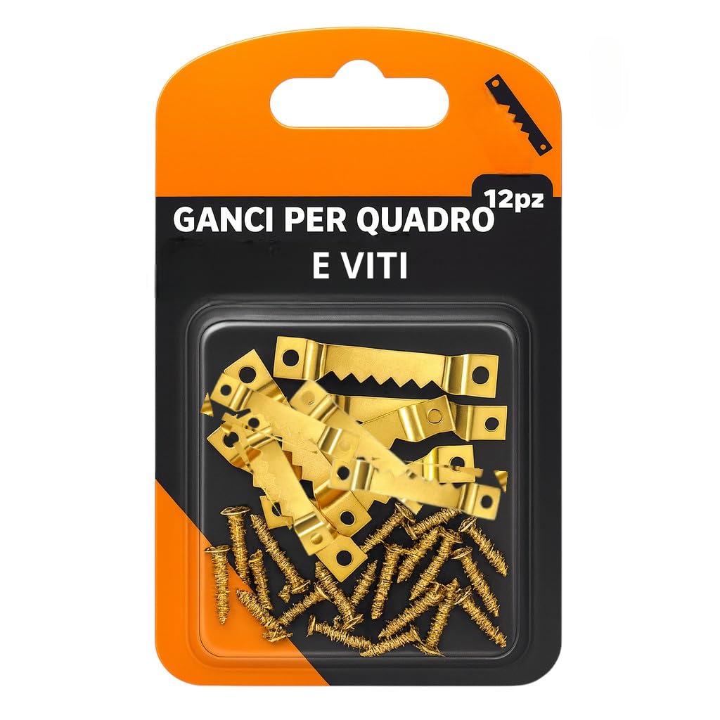 Ganci Seghettati per Quadri Set 12 Pezzi con Viti – Supporti Appendiquadri Resistenti in Metallo per Cornici, Decorazioni, Foto e Tele – Ferramenta per Montaggio Sicuro su Parete