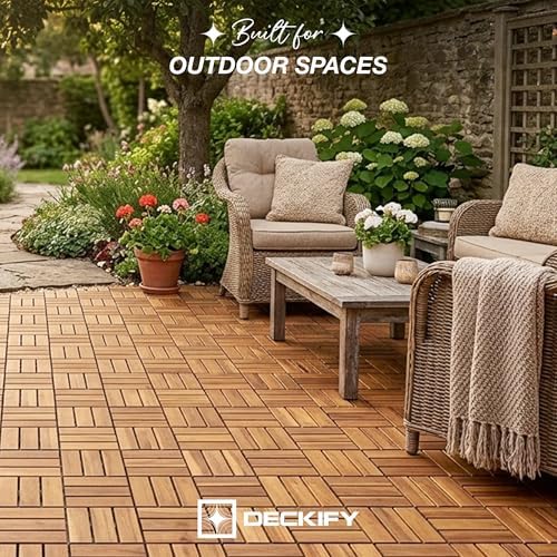 DECKIFY 9Pcs Premium Acacia Wood Interlocking Patio Deck Tiles, 12 x 12 x 0.9 Inch Outdoor Flooring, Waterproof for All-Weather Use – Crossed, Golden Teak — view 3