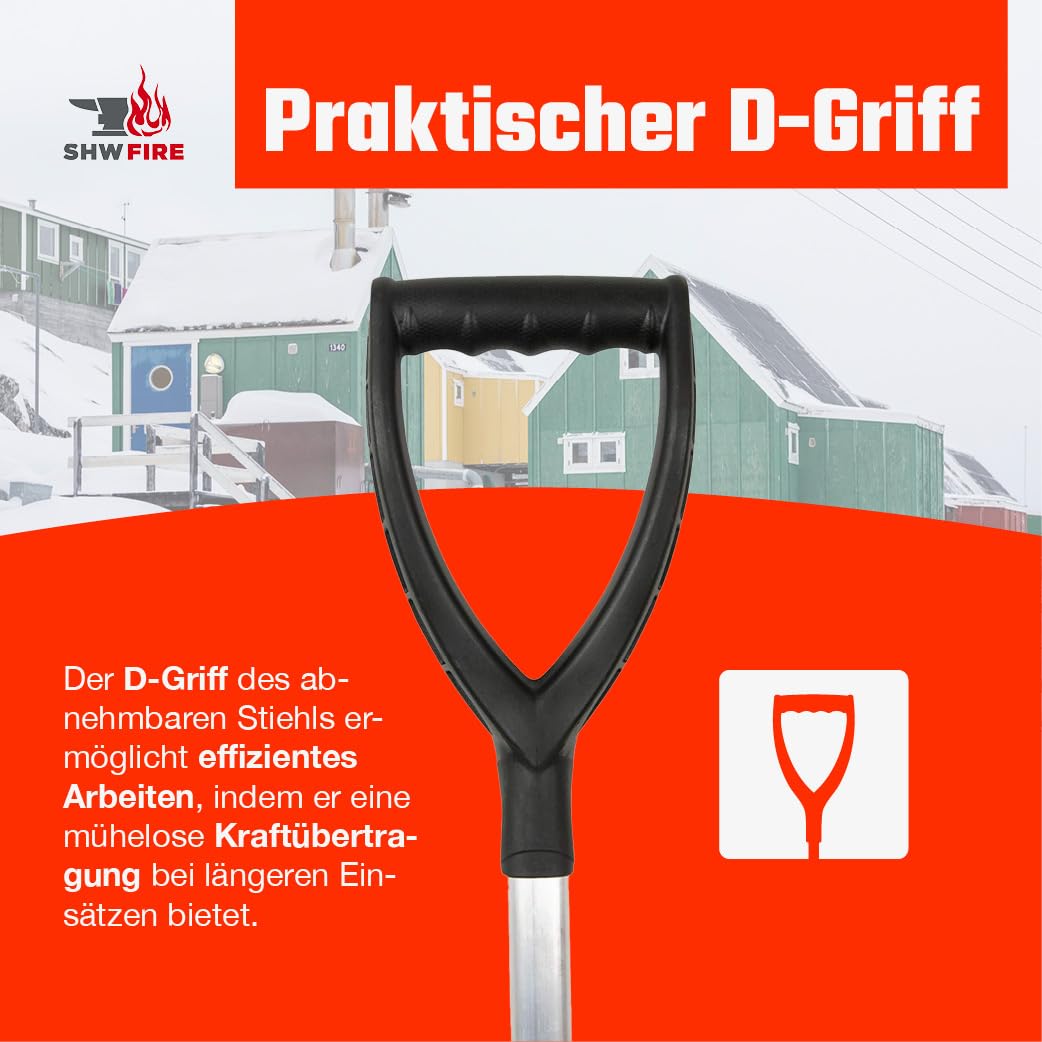 SHW-FIRE | Pelle à neige ergonomique 55 cm, pelle en plastique renforcé, bord de protection en aluminium, manche détachable de 128 cm avec poignée en D, pelle à neige légère et robuste | Fabriqué en
