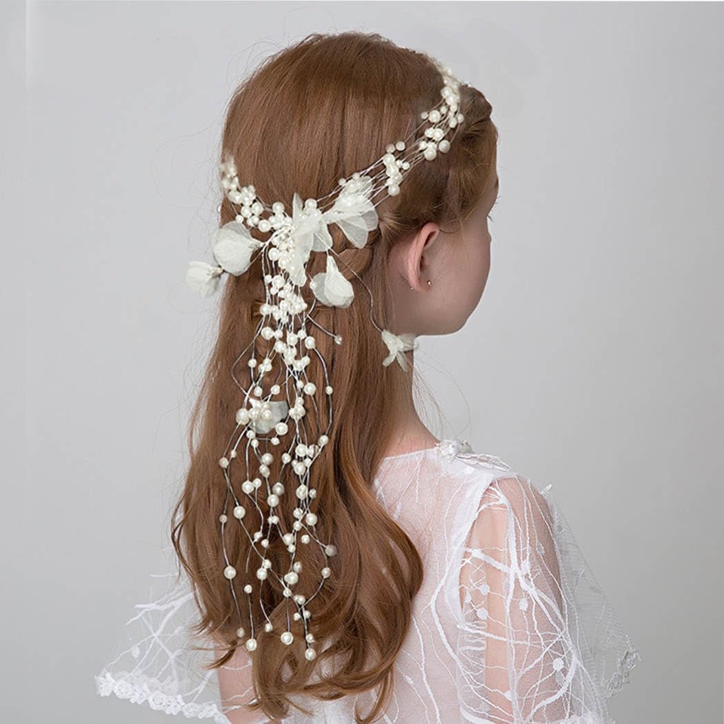 Foyte Pearl Flower Girl Headpieces Wedding Hair Vine Rhinestone Floral Headbands Bridesmaid Hair Accessories for Women (white pearl)
