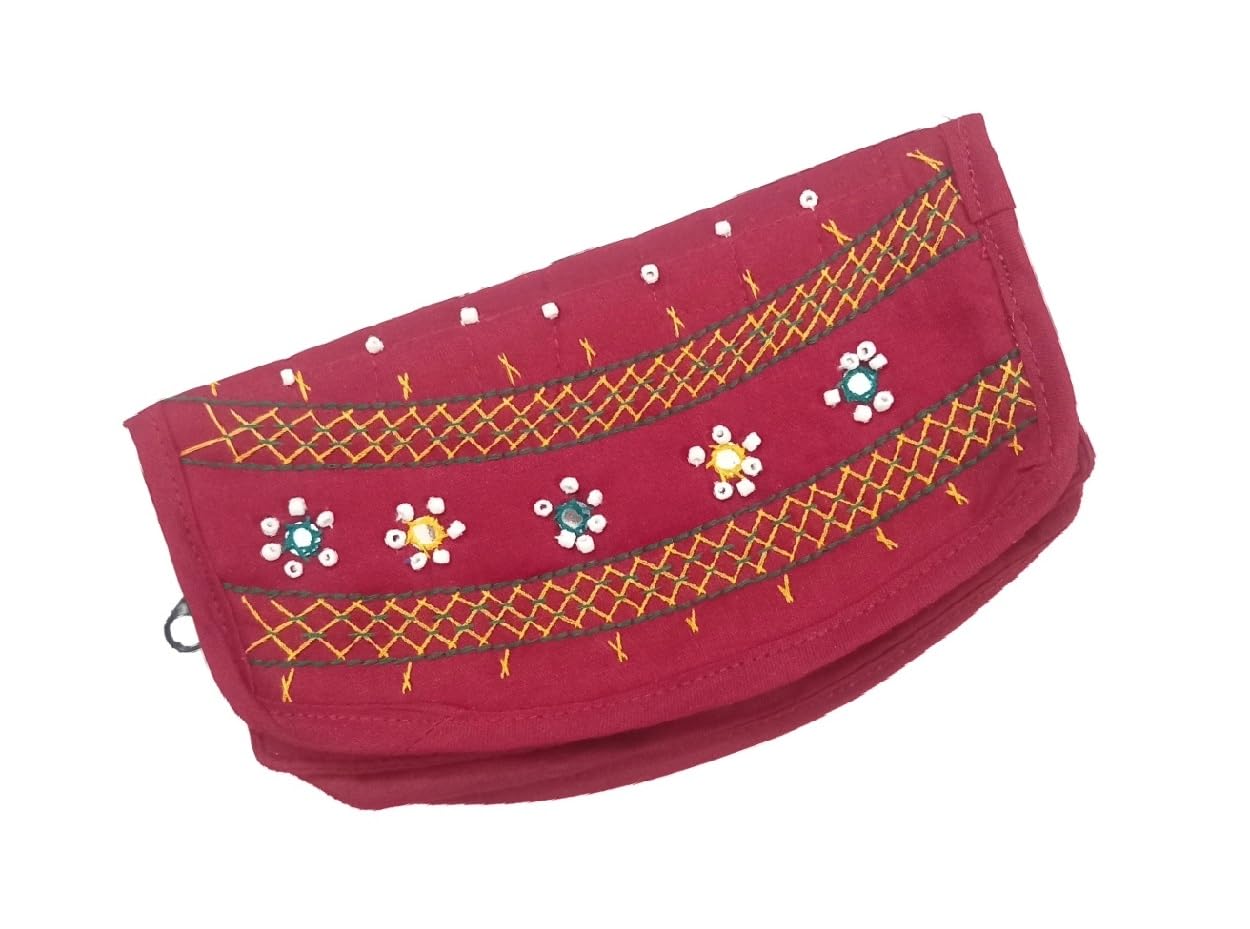 srishopify handicraftsCotton Fabric Purse for Women Wallets Unique Floral Embroidered Hand Purse Girls Party Clutches Navaratri Durga Puja Gifts 6.5 Inch Maroon Wallet