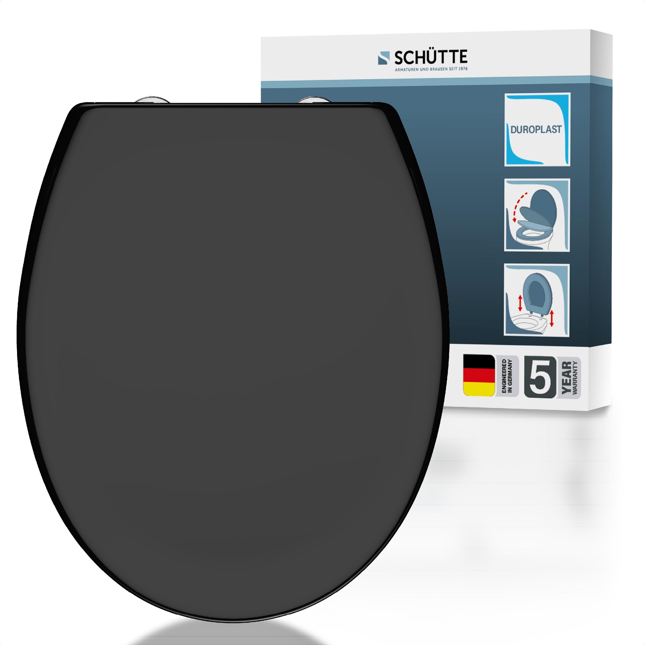 SCHÜTTE Oval WC-Sitz mit Absenkautomatik, Abnehmbarer Klodeckel aus bruchsicherem Duroplast, DIY Montage mit Klebepads und Schablone, Toilettendeckel und Brille bis 200 kg belastbar, Schwarz