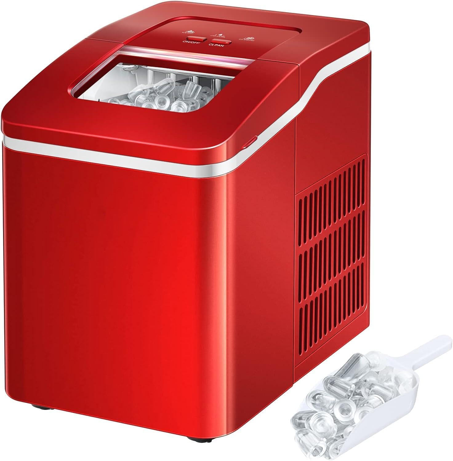 ARLIME Portable Ice Maker Machine for Countertop, Ready in 8 Mins, 26LBS/24H, Electric Ice Maker with Scoop and Basket for Home, Office, Party, Bar (Red)