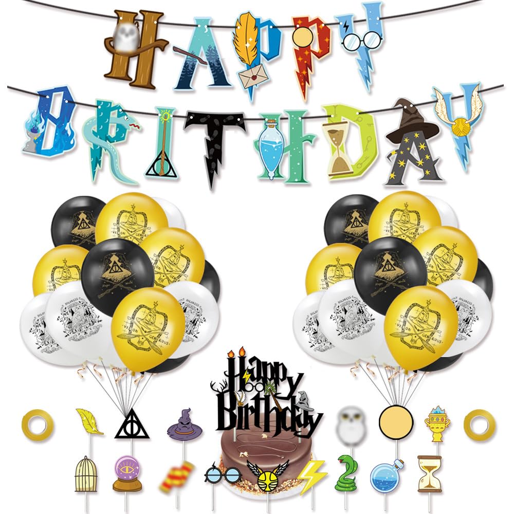 SDFSD Cupcake Toppers Party Decorations, Happy Birthday Banner, Wizard Theme Party Decorations, Contains 20 Balloons, 1 Pull the Flag, 16 Cake Inserts, 2 Ribbons, for Themed Party Decoration