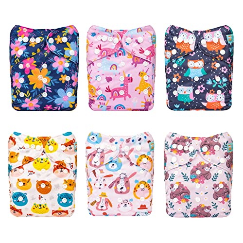 Image of ALVABABY 6 Pack Cloth Diaper with 12 Inserts One Size Adjustable Washable Reusable Diaper Cover for Baby Girls and Boys