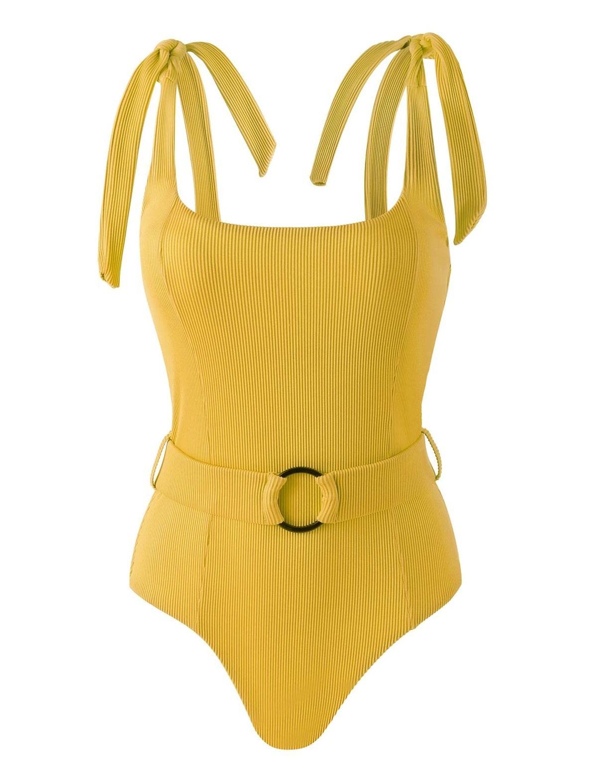 TSMEZA Women's One Piece Swimsuits Belt Tummy Control Bathing Suits Tie Shoulder Swimwear