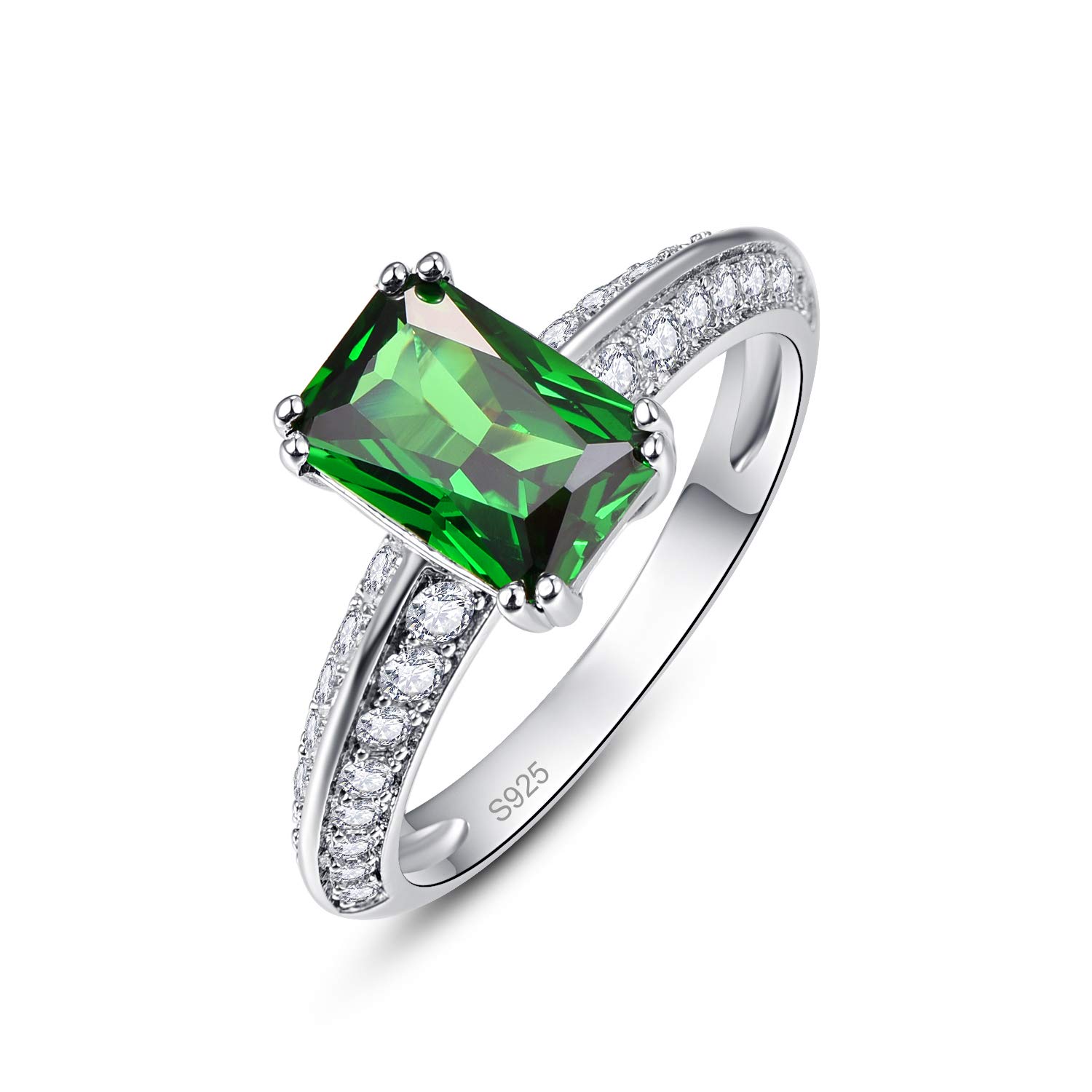 925 Sterling Silver Solitaire Ring Baguette Cut Green Emerald