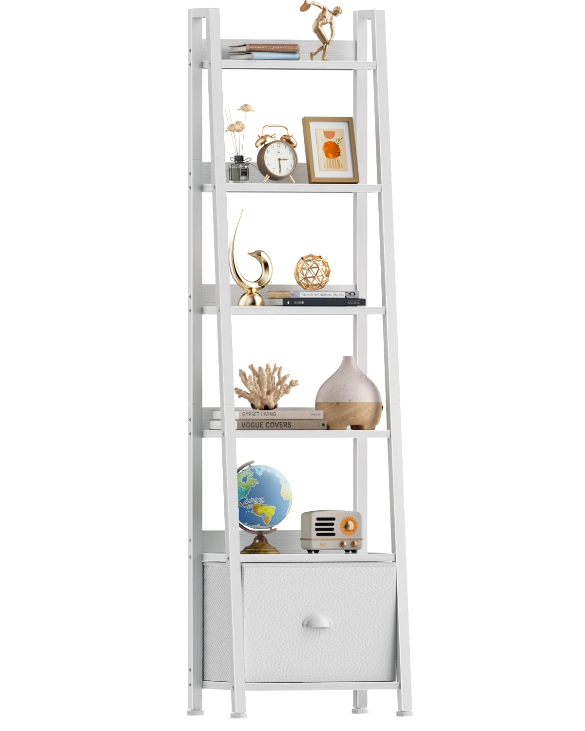 Furologee 6 Tier Ladder Shelf, Tall Ladder Bookshelf with Fabric Drawer