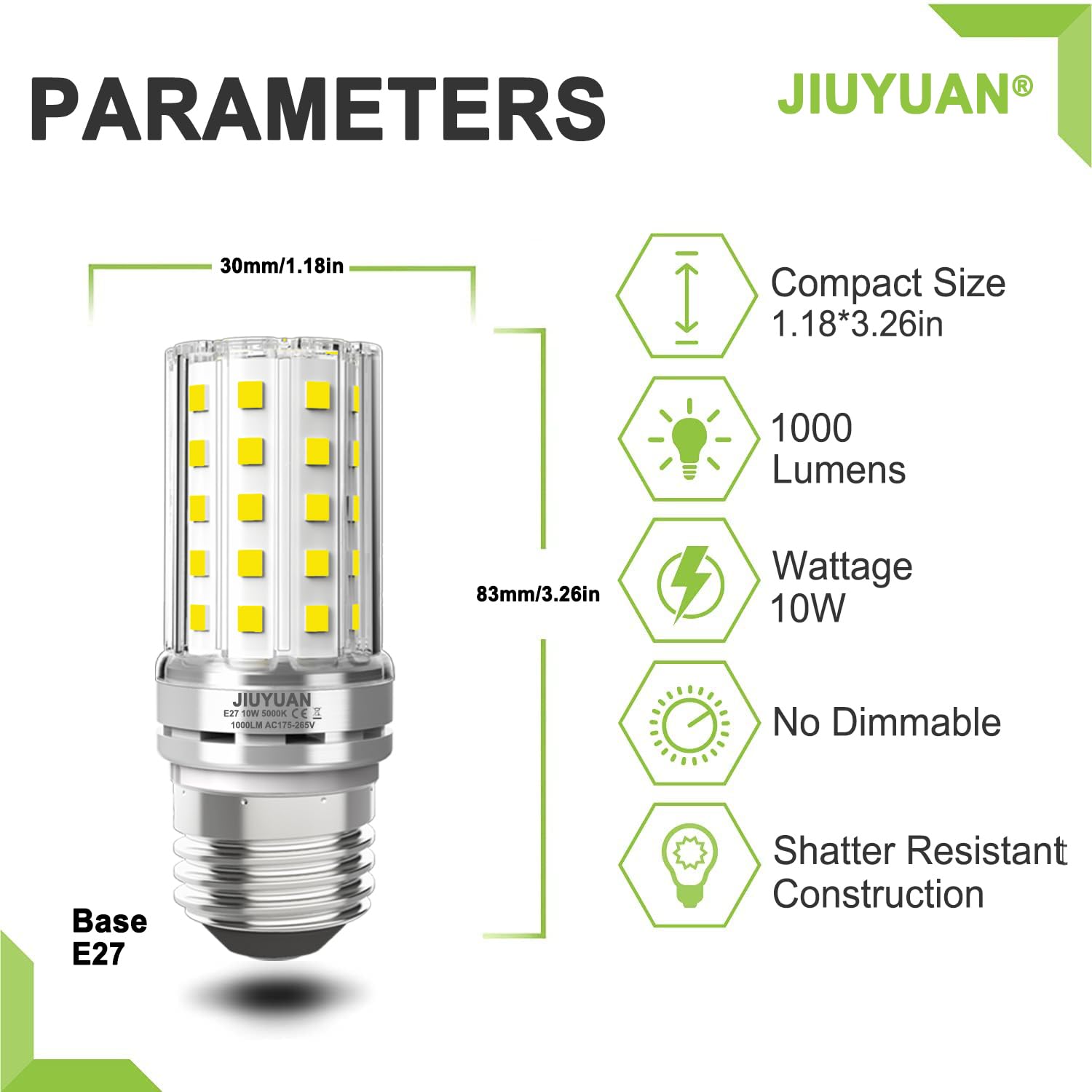 JIUYUAN Lampadina Mais LED E27 10W, Luce Bianca Fredda 5000K, Equivalenti a 80W Incandescenza, Non Dimmerabile, Nessun Sfarfallio Risparmio Energetico, 5 Pezzi