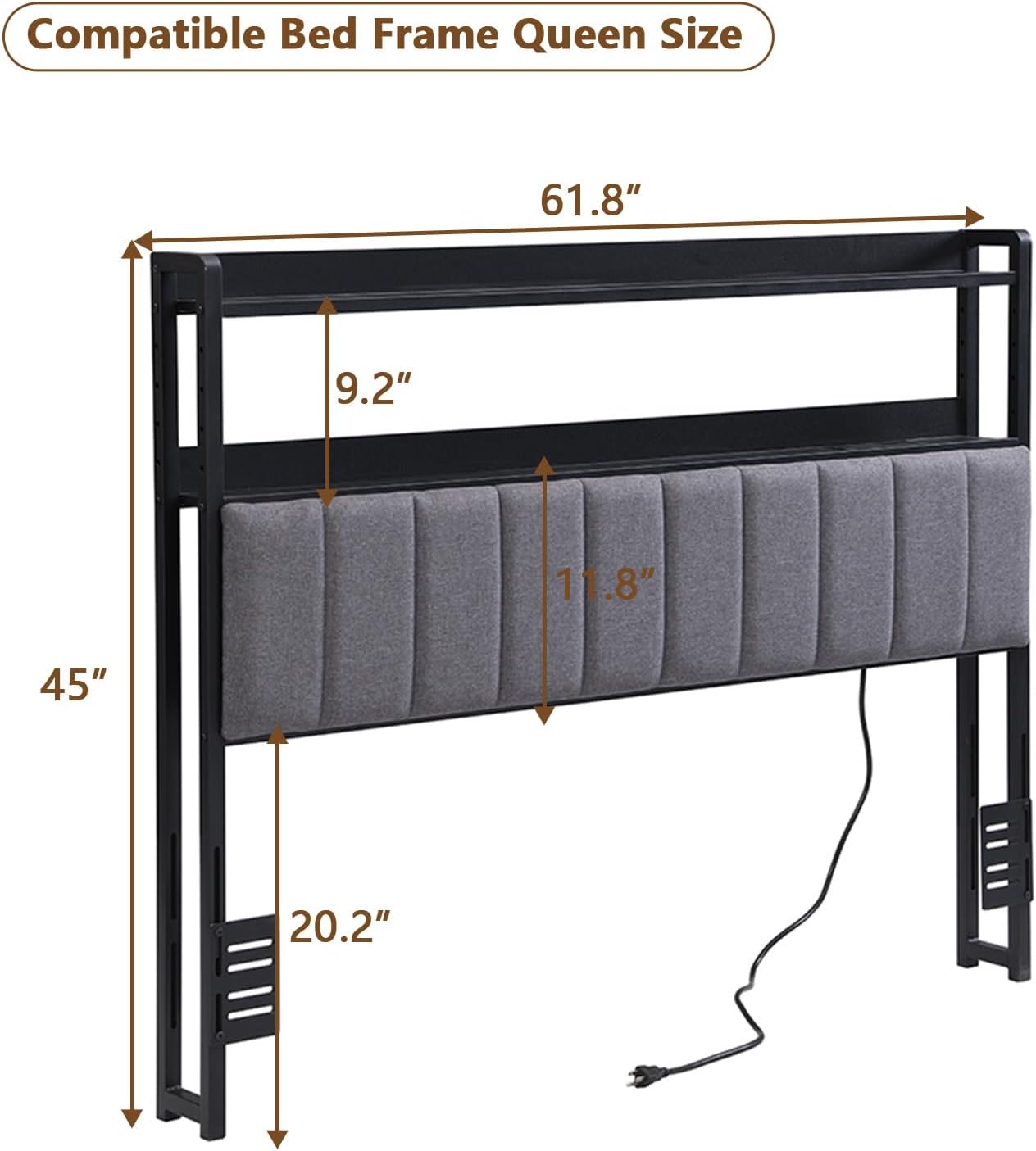 Headboard for Queen Size Bed with 2-Tier Storage, Upholstered Headboards with Outlets, USB Ports and LED Light,Head Board Only, Height Adjustable, Sturdy and Stable (Queen)