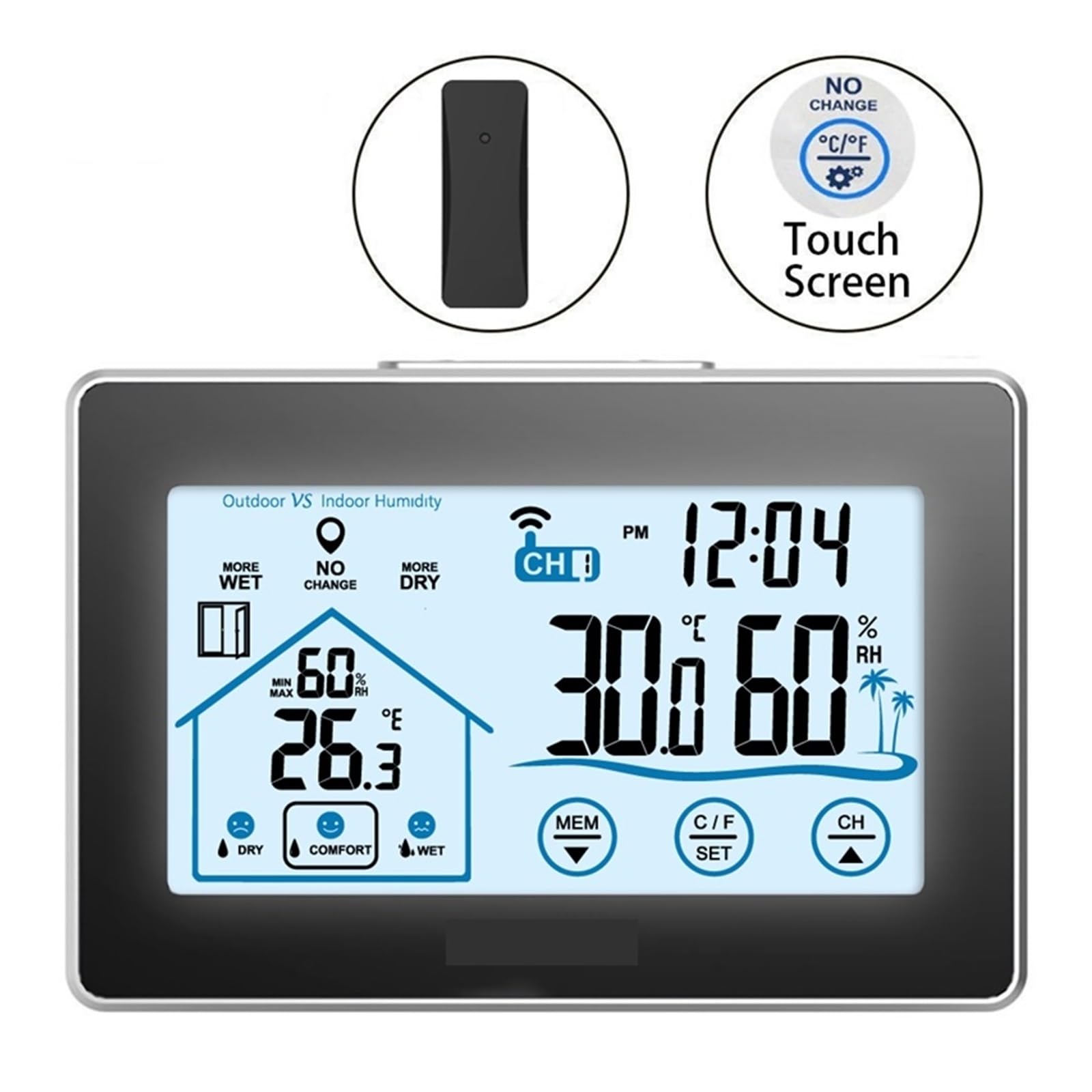 Touch Screen Wireless Weather Station Digital Home Temperatura Misuratore Di Umidità Previsioni Calendario Indicatore Comfort Sensore Remoto Preciso Veloce Monitoraggio In Tempo Reale(Black)