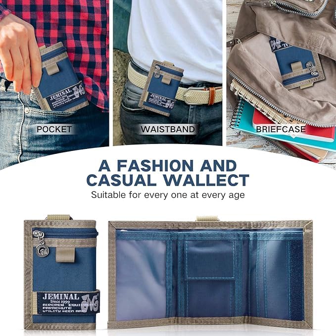 JEMINAL Trifold Wallet for Men Canvas Outdoor Sports Keychain Wallet with Multiple Card Slots and ID Window Blue3