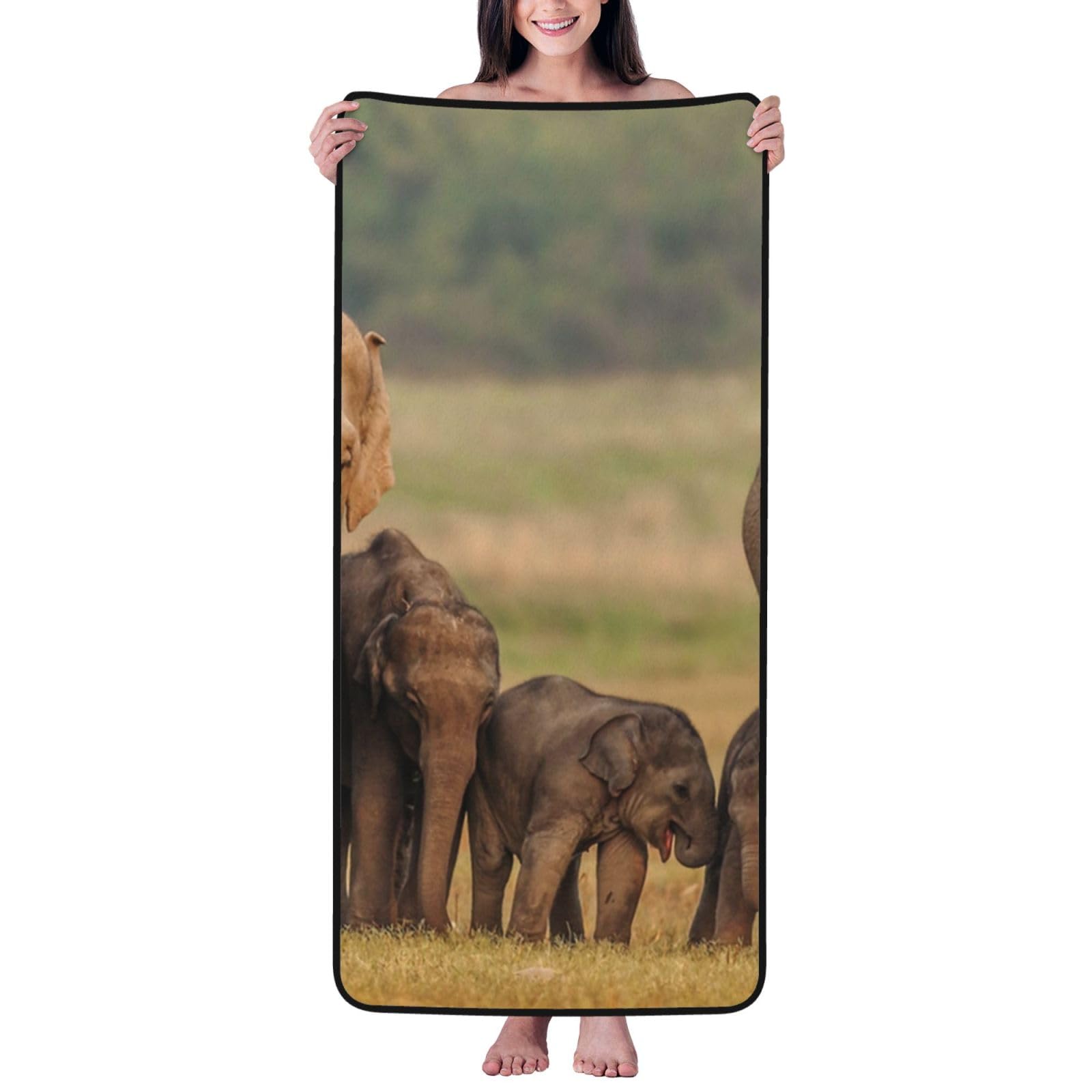 WPKJU Elephant Family Printed Bath Towel with Black Edging - 27x55 in Soft Extra Absorbent Coral Velvet Shower Towels for Bathroom