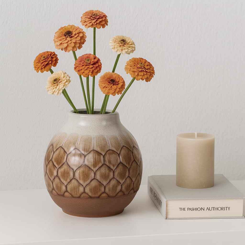 Ceramic Vase for Living Room Decor – Perfect for Modern Room and Home Decor – Stylish Flower Vase for Bedroom, House, Office, and Table Accent – Elegant Bookshelf Accessory – 8", Brown